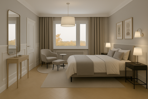 Visualisierung Schlafzimmer mit Zugang zum Bade