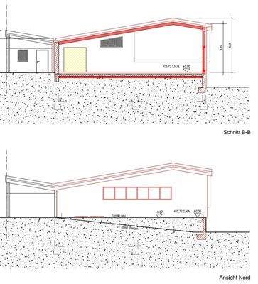 Nordfassade und Schnitt