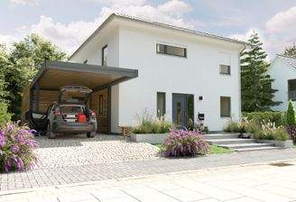 Einfamilienhaus-Flair-124-Kubus-Carport-Holz-Strassenansicht