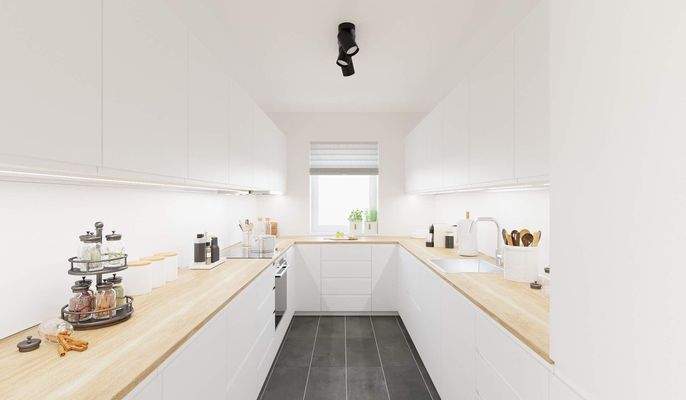 In der langen Küche bereiten Sie köstliche Mahlzeiten zu