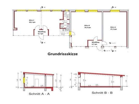 Grundrissskizze + Schnitt