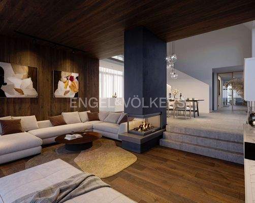 Visualisierung Wohnbereich mit Kamin