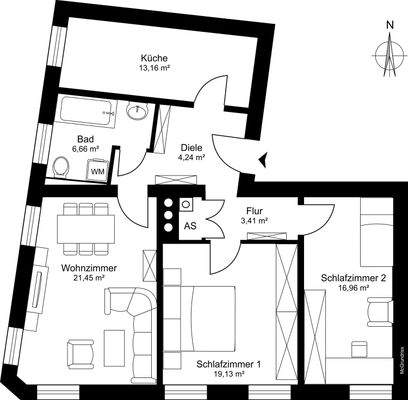 Grundriss mit 84,65 qm Wohnfläche 