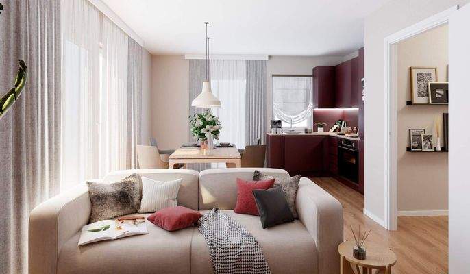 Gemütliches Wohnzimmer mit offener Küche