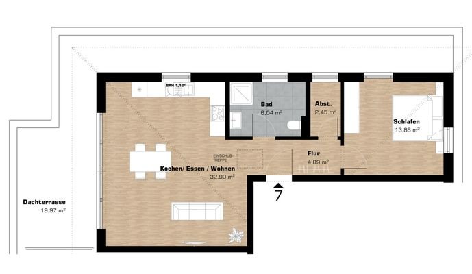 Grundriss Whg. Nr. 7, Haus 1, nicht maßstabsgetreu (kann vom Original abweichen)