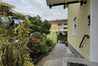 Der Fußweg zum Haus mit Blick auf das Gartenhäuschen