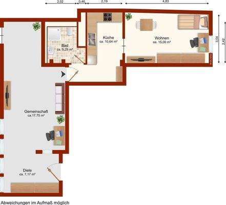 Grundriss beispielhaft möbliert