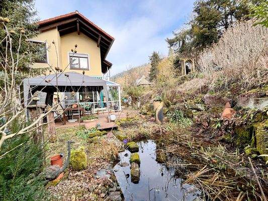 Ansicht auf die Terrasse mit Teich