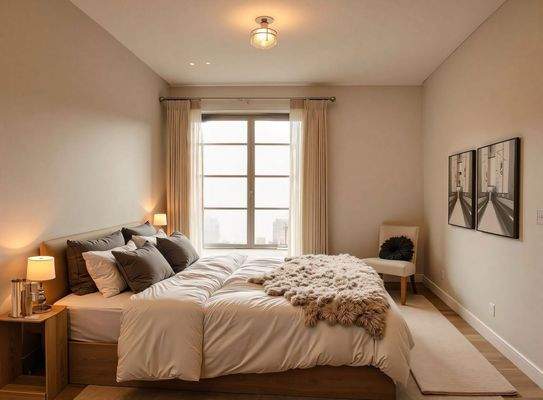 Lichtdurchflutetes Schlafzimmer mit eleganter Fensternische und harmonischer Lichtgestaltung