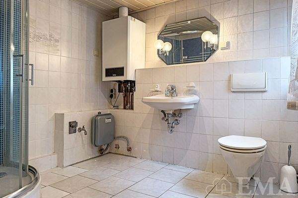 Badezimmer mit Dusche und der Heizung