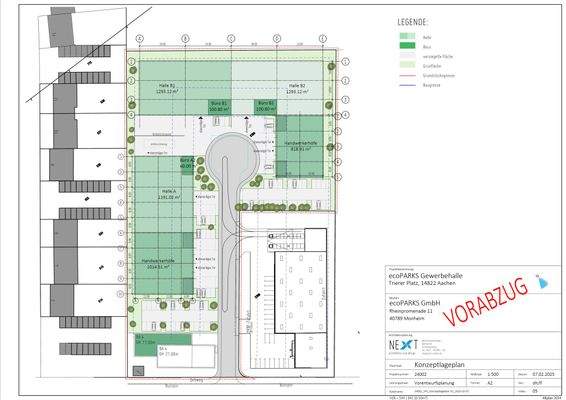 Konzeptlageplan des ecoPARKS Gewerbeareals in Aachen mit farblich gekennzeichneten Nutzungszonen für Hallen, Büros, Handwerkerhöfe und Verkehrsflächen.
