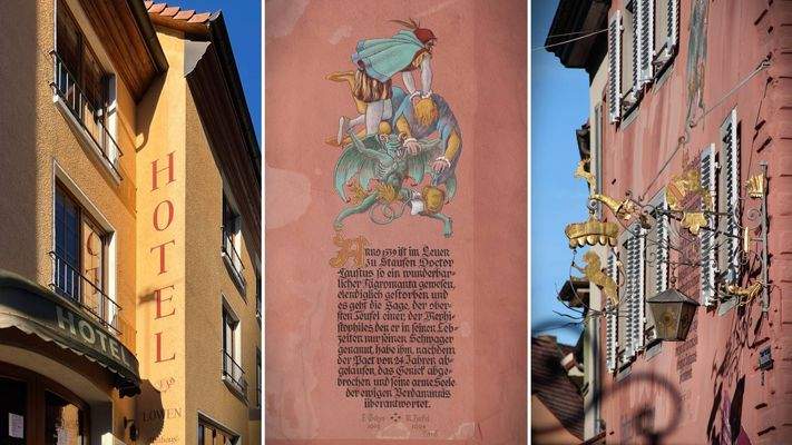 Einladendes Erscheinungsbild, detailreiche Wandmalerei und historische Fassade mit Zunftwappen