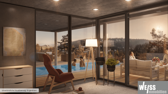 Blick vom Gästezimmer auf Pool