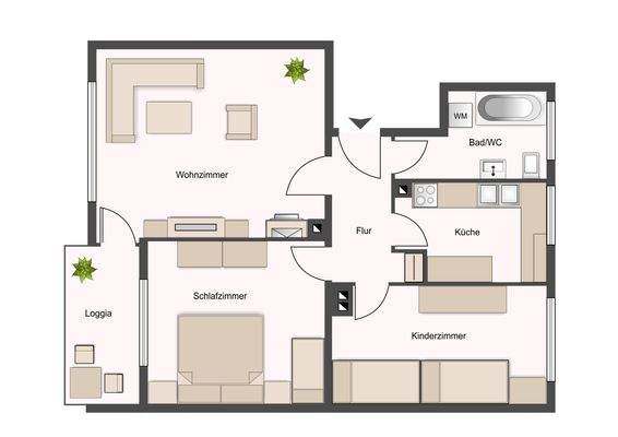 Grundriss einer ca. 65 m² großen 3-Zimmer-Wohnung mit Flur, Badezimmer, Küche, Wohnzimmer, Schlafzimmer, Kinderzimmer und Loggia