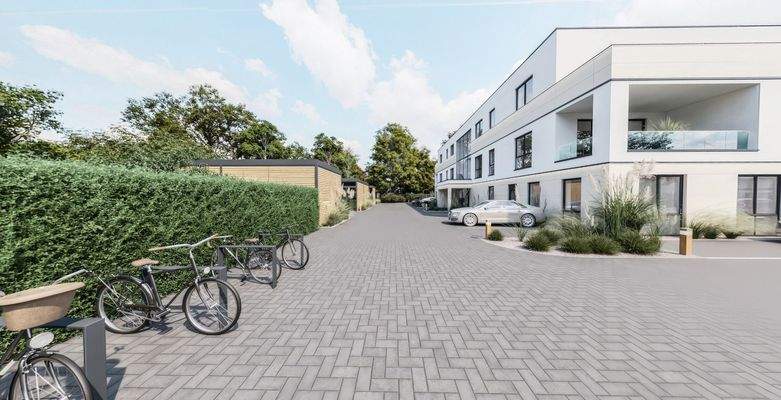 Visualisierungsbeispiel Fahrradabstellflächen und Carport-Zufahrt