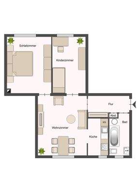 Grundriss einer 3-Zimmer-Wohnung mit Flur, Badezimmer, Küche, Wohnzimmer, Schlafzimmer und Kinderzimmer