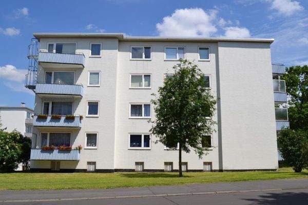 Rückansicht eines mehrstöckigen  Wohngebäudes mit Balkonen, um-geben von Bäumen und grünen  Sträuchern 