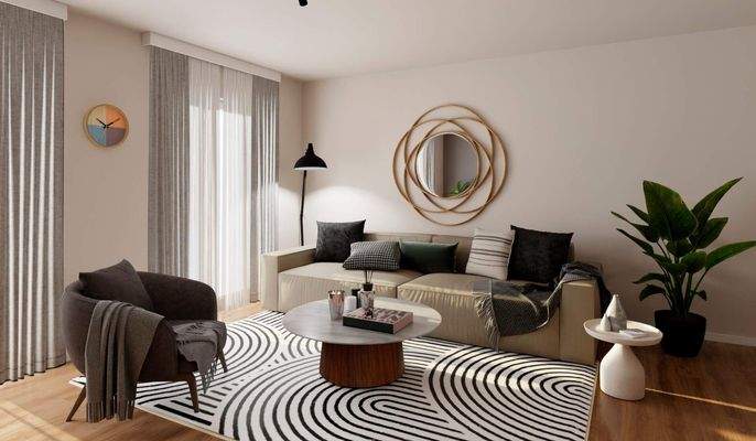 Großzügiger Wohnbereich mit viel natürlichem Licht und direktem Zugang zur Terrasse