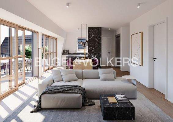 Lichtdurchfluteter Wohnbereich mit Zugang zur Dachterrasse