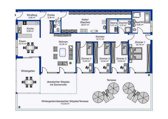 Grundriss mit Beispielmöblierung