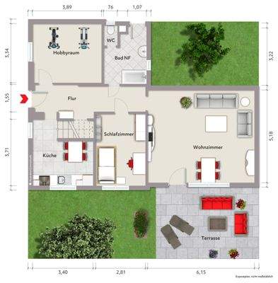 Grundriss Erdgeschoss (nicht maßstabsgerecht, Möblierungsbeispiel)