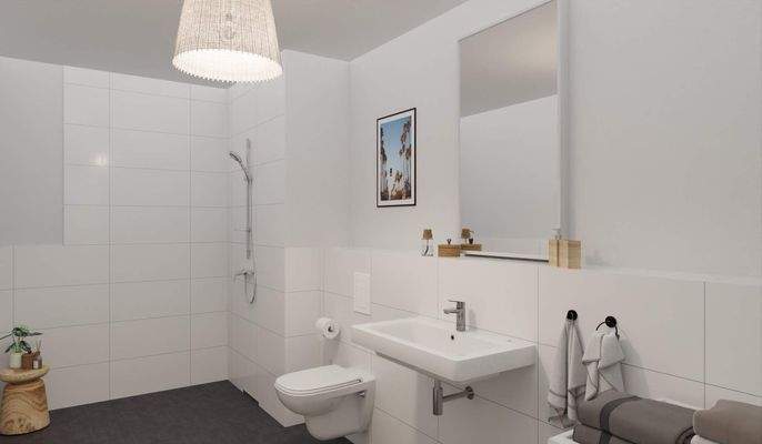 Modern gefliestes Badezimmer mit bodengleicher Dus