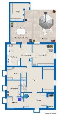 Kellergeschossgrundriss mit Mustermöblierung