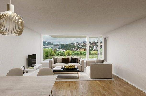 Die Wohnqualitäten der neuen 3,5 Zimmerwohnung mit Fernsicht und Abendsonne in Flurlingen mit Terrasse und Gartensitzplatz