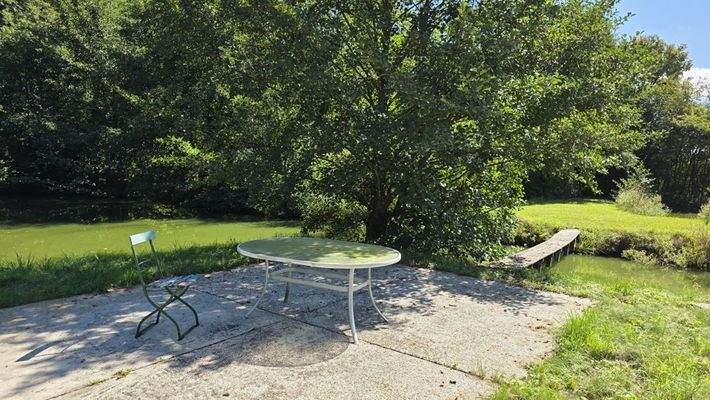 großer Weiher mit Insel und Brücke