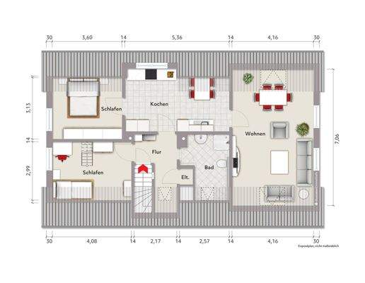 Grundriss Dachgeschoss (nicht maßstabsgerecht, Möblierungsbeispiel)