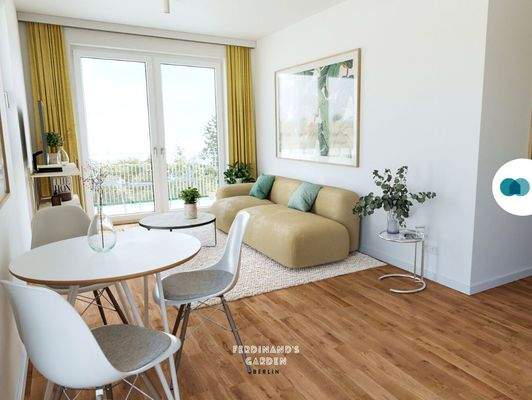 Ansicht I: Wohn- und Esszimmer mit offenem Küchenbereich