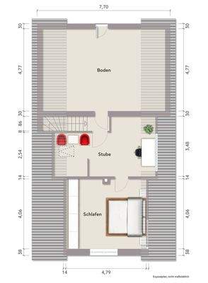 Grundriss Dachgeschoss (nicht maßstabsgerecht, Möblierungsbeispiel)