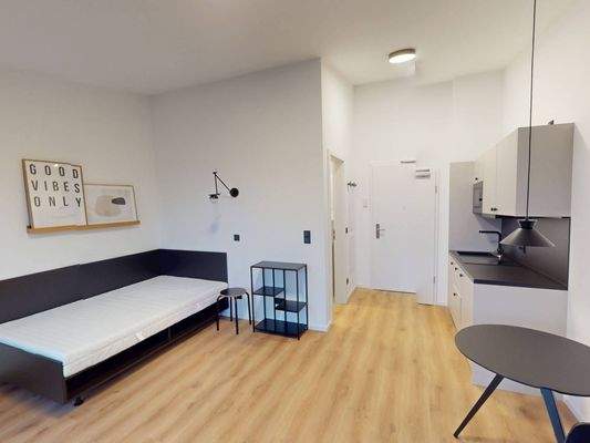 Ansicht II: Wohn- und Schlafzimmer mit offenem Küchenbereich