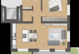 Grundriss der Erdgeschosswohnung mit Terrasse und Privatgarten