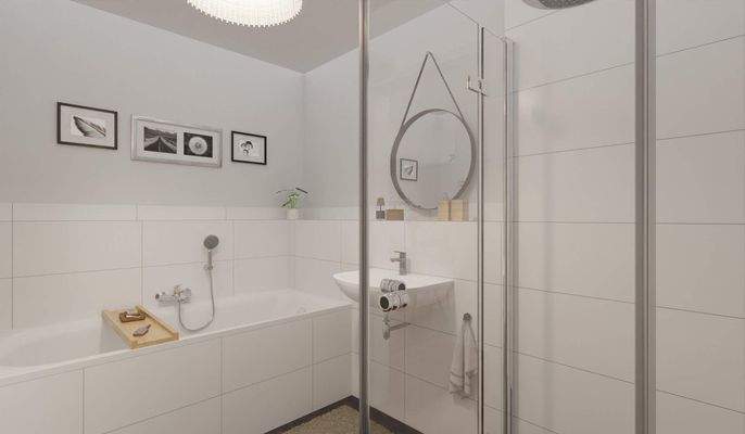 Modern gefliestes Badezimmer mit bodengleicher Dusche und Badewanne