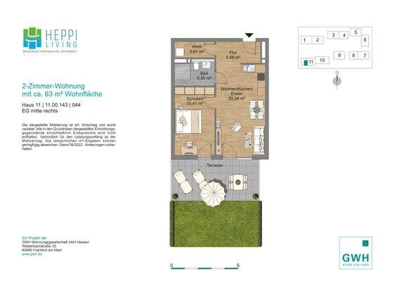 Grundriss mit Flur (5,66 m²), Bad (5,55 m²), Koch-Wohn-Essbereich (25,34 m²), Schlafzimmer (15,41 m²), Hauswirtschaftsraum (3,61 m²) und Terrasse