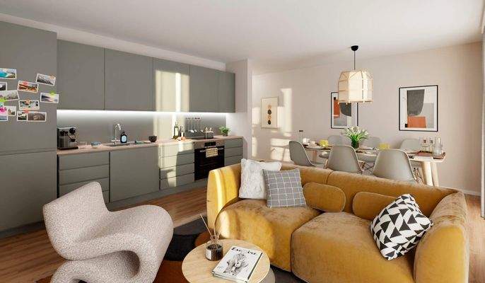 Ein hell erleuchtetes Wohnzimmer