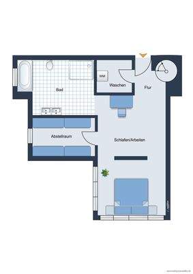 Grundrissskize der Wohnung im Souterrain - nicht maßstabsgetreu - Möblierung dient lediglich zur Veranschaulichung und ist nicht Bestandteil der Wohnung