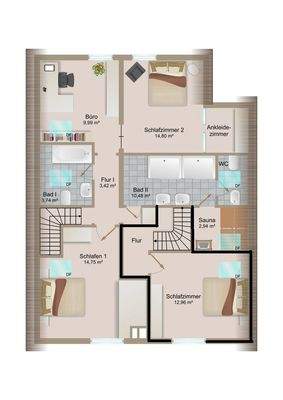 Obergeschoss, die Wohnung Nr.2 ist durch die schwarze Umrandung gekennzeichnet