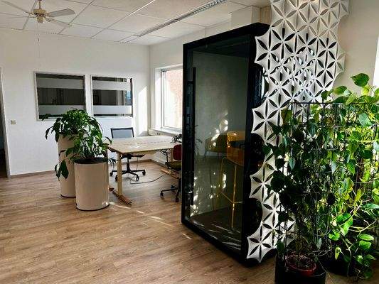 Blick auf die beiden freien Büroarbeitsplätze und die Telefonkab