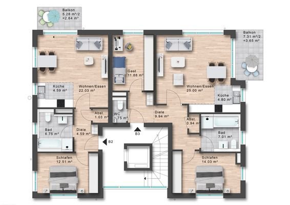 Wohnung B2 und B3, OG Haus B