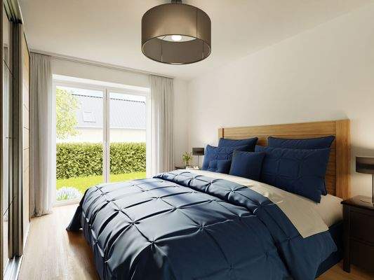 Das gemütliche Elternschlafzimmer mit Zugang zum Garten