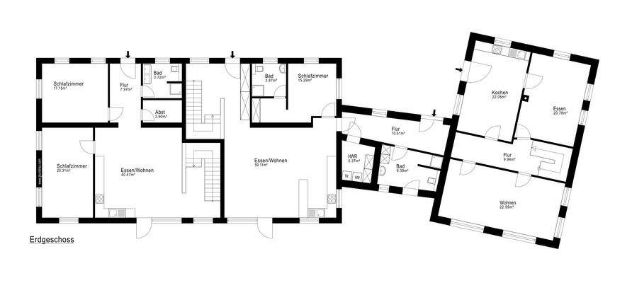 Erdgeschoß / Rechts: Bestand / Links: Planung