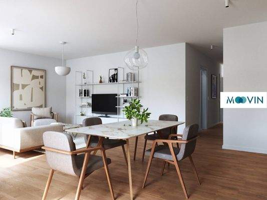 Ansicht IV: Wohn- und Esszimmer mit offenem Küchenbereich (Visualisierung)