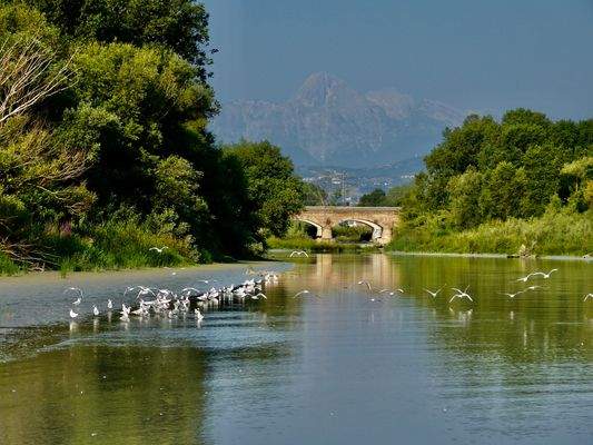 Mündung des Vomano, Gran Sasso im Hintergrund 