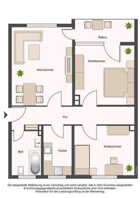Grundriss mit Flur, Tageslichtbad, Küche, Wohnzimmer, Schlafzimmer, Kinderzimmer und Balkon