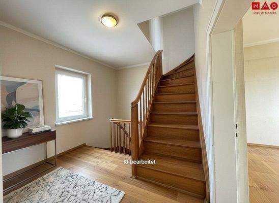 Möblierungsvorschlag Stiege in das Dachgeschoß KI generiert