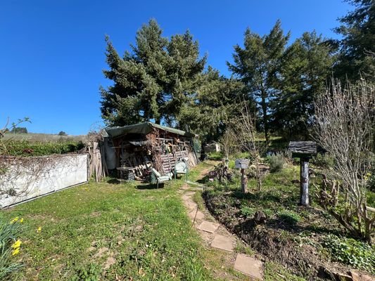 Einfahrtstor und Holzschuppen