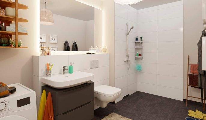 Eine bodengleiche Dusche gestaltet die Morgenrouti