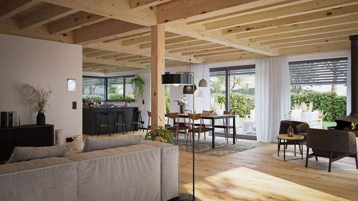 Wohnzimmer mit Blick zur offenen Küche